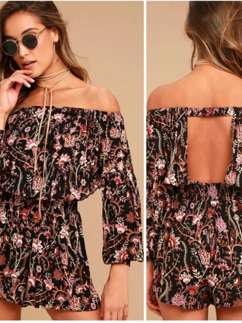 FREE PEOPLE PRETTY AND FREE BLACK FLORAL PRINT OFF-SHOULDER ROMPER SIZE SMALL...